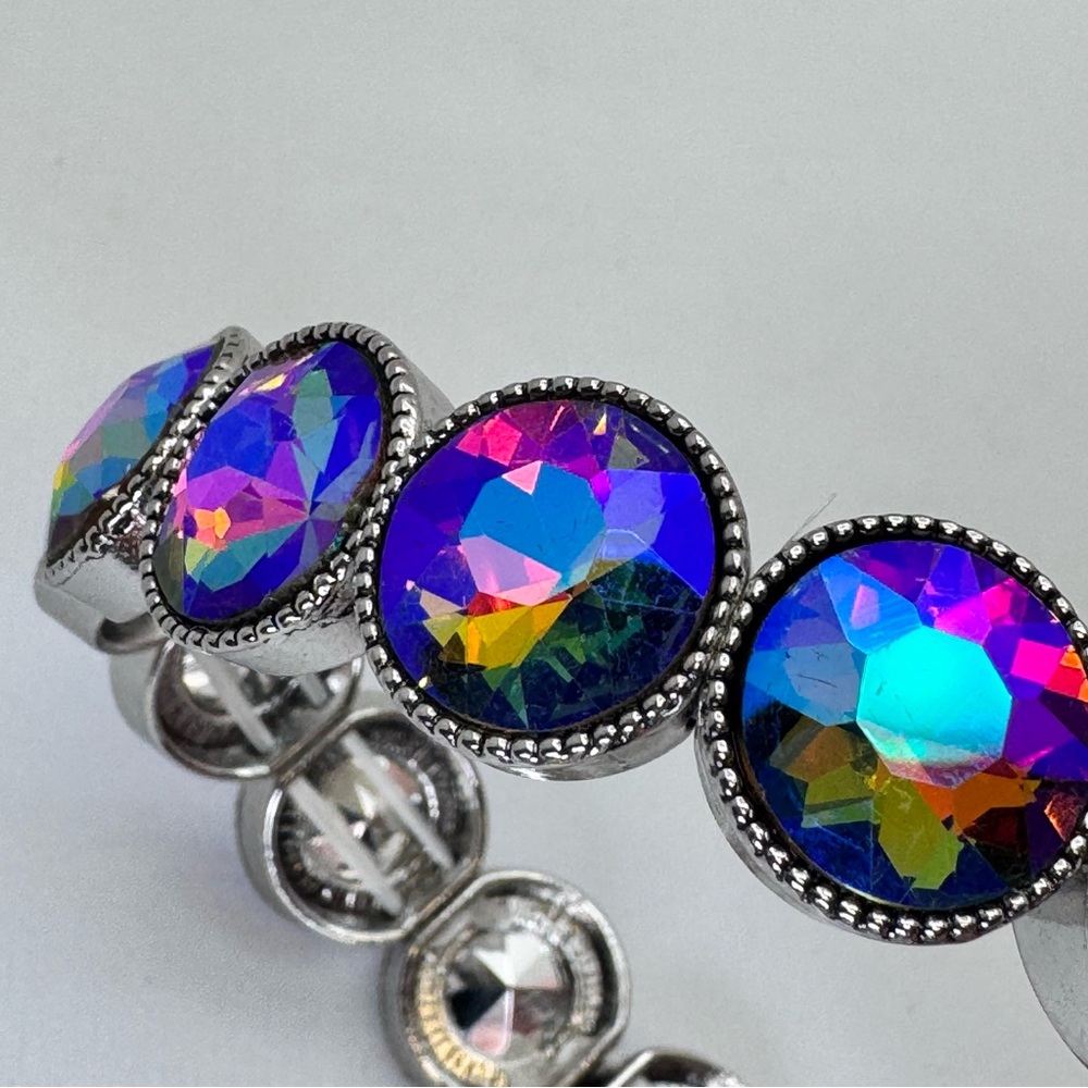 Silver Tone AB Crystal Stretch Bracelet Rainbow Faceted Statement Glam Stacking - Picture 6 of 8
